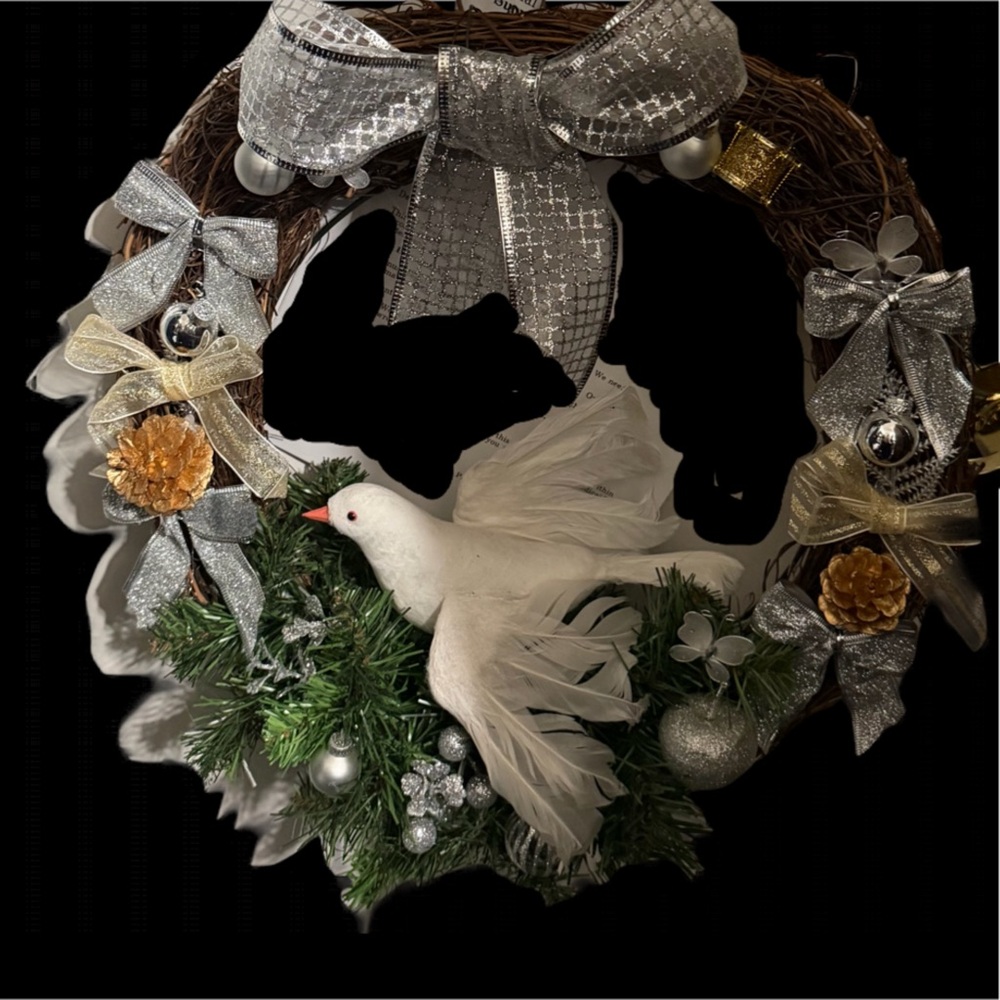 Festive Wreath with White Dove and Silver Accents